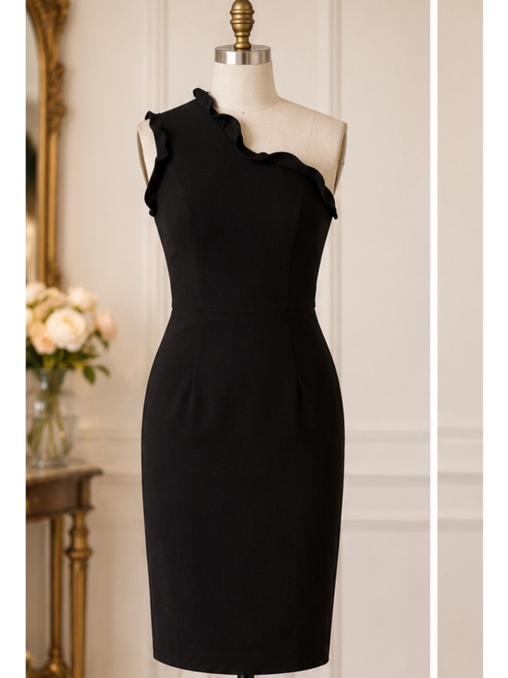 Black Halo Provella black one shoulder sheath dress ruffle trim Size 2 - Picture 3 of 10